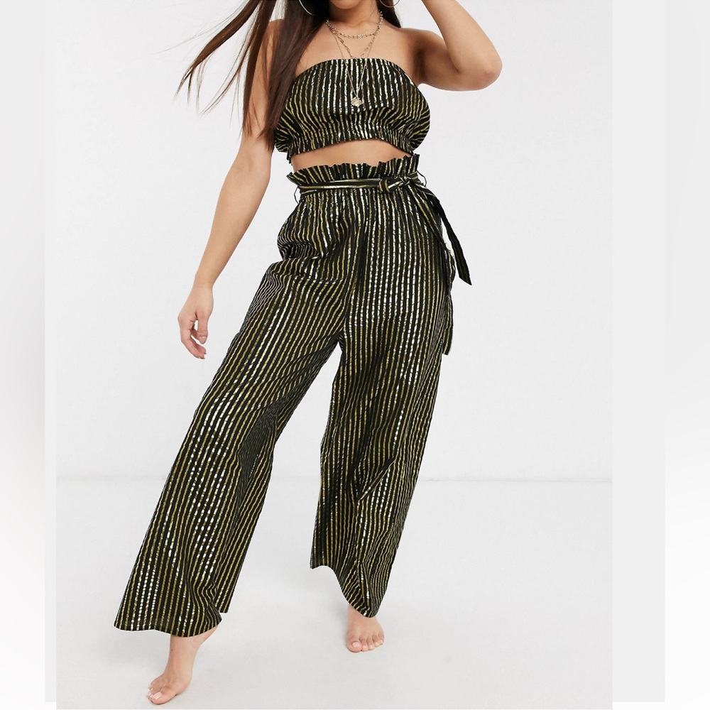 ASOS Petite Gold Metallic Stripe Bandeau Tube Top with Paper-bag High Waist Pant
